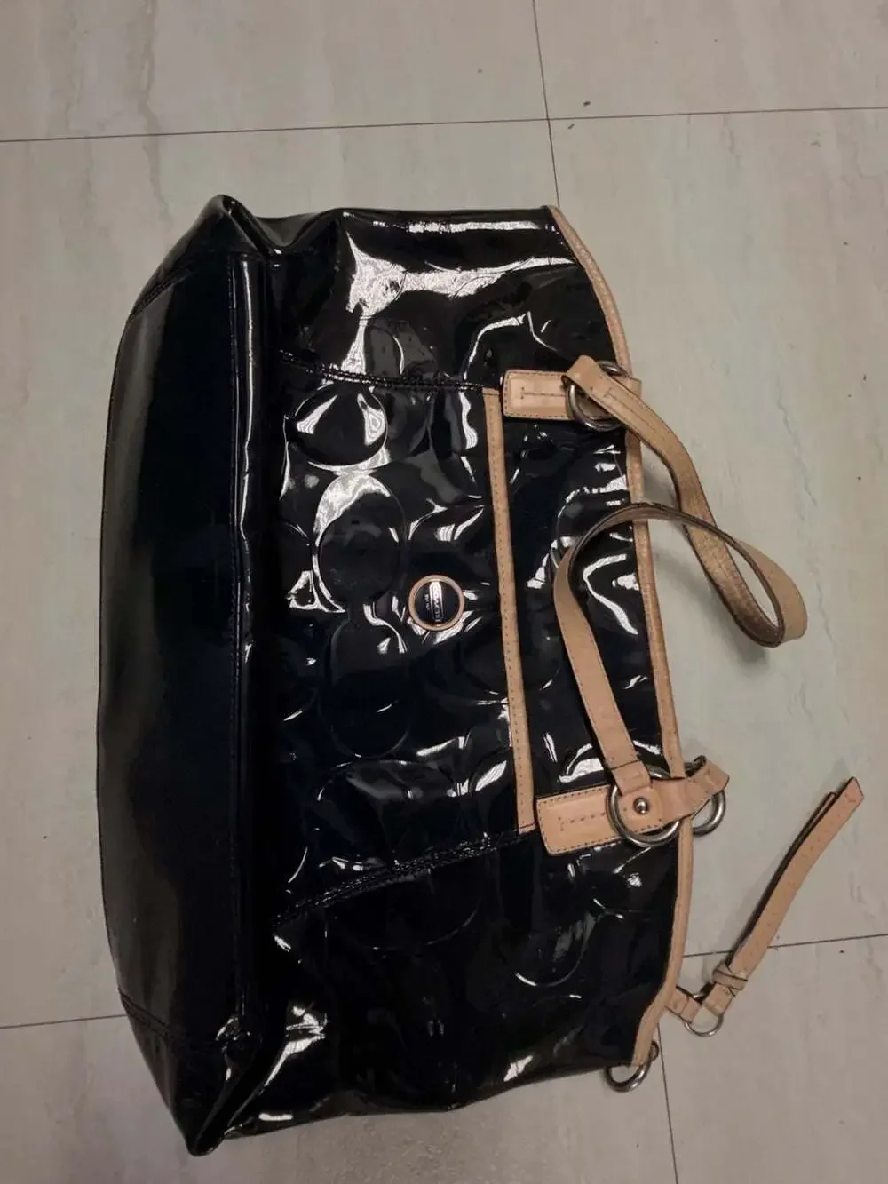 Coach Peyton Embossed Signature C Patent Leather Tote Bag with Tan Straps